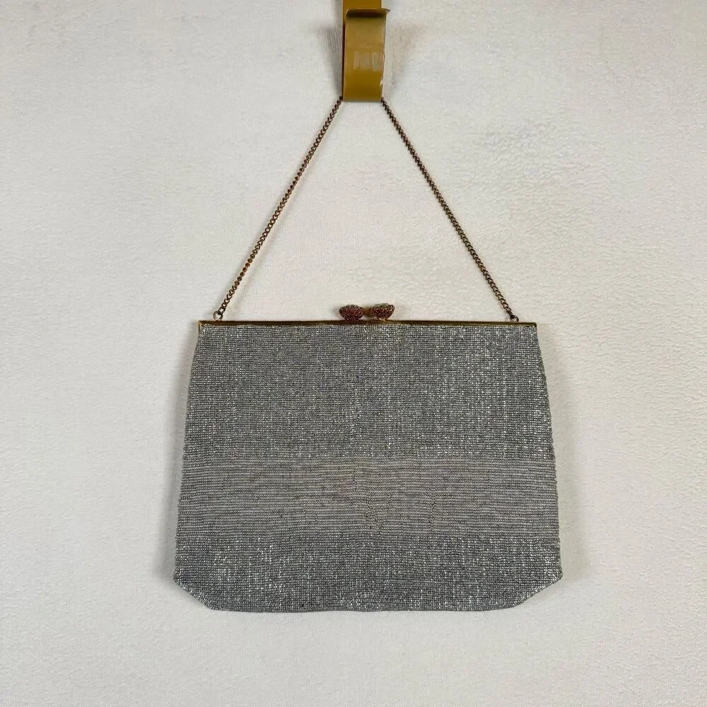 Vintage Made in France Silver Beaded Evening Bag Rhinestone Kiss Lock Purse